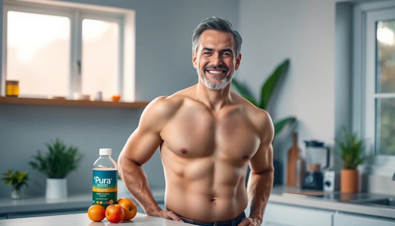 Pura Boost revitalizes male energy and vitality, shown by a confident man in a wellness-focused kitchen.