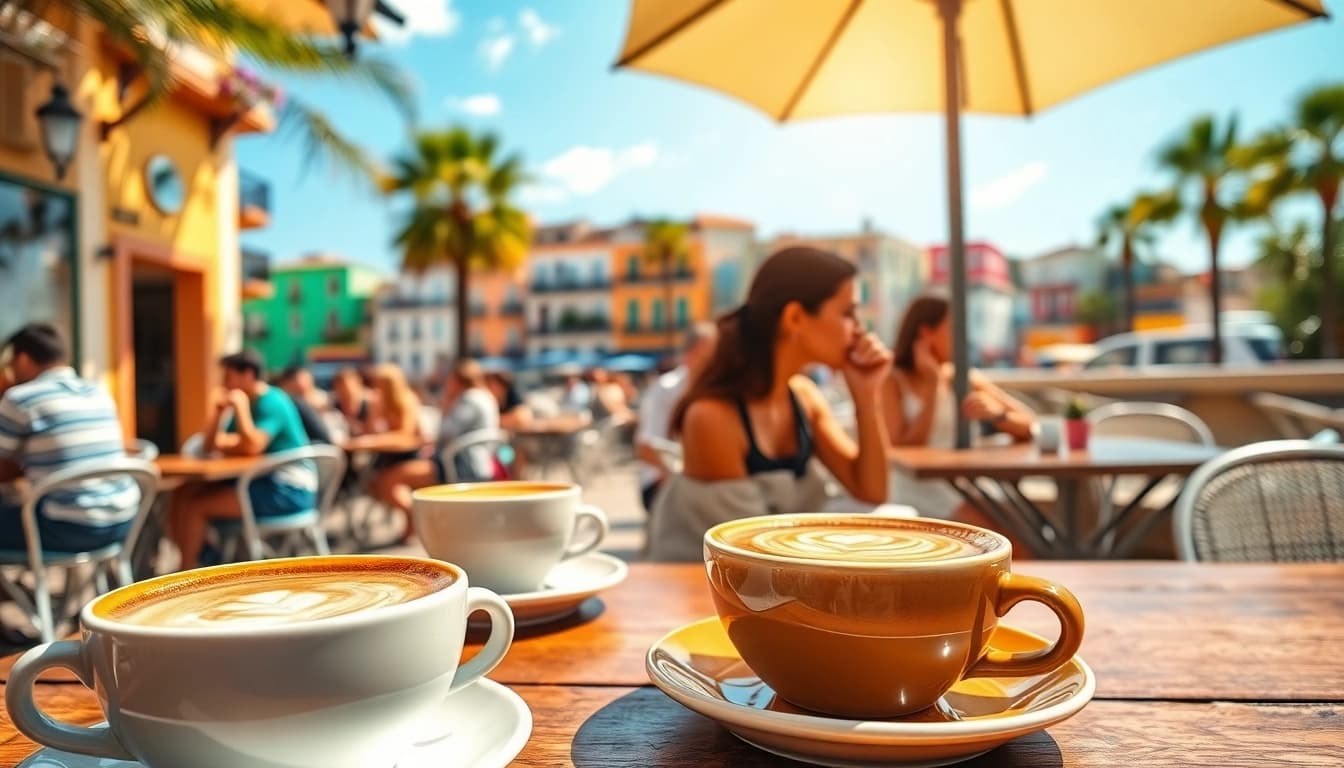Kaffeetrinken im Coffee Shop Lloret de Mar mit zufriedenen Gästen und sonniger Atmosphäre