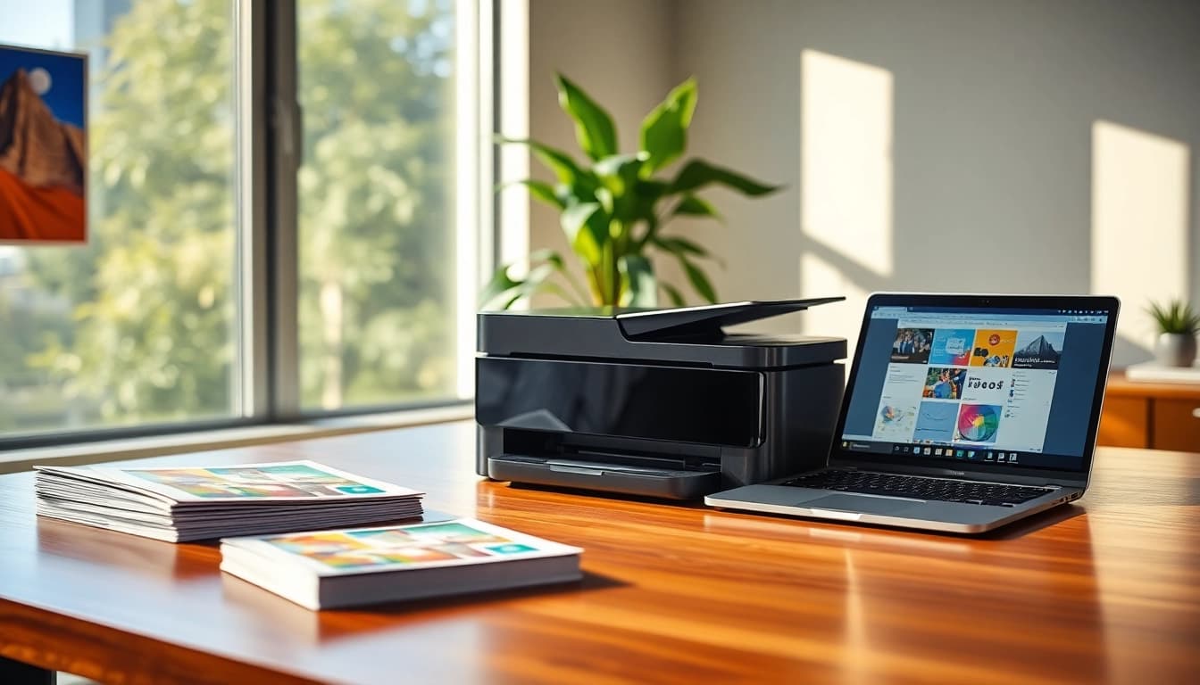 Inkjet printer on a stylish desk with colorful printouts and laptop.