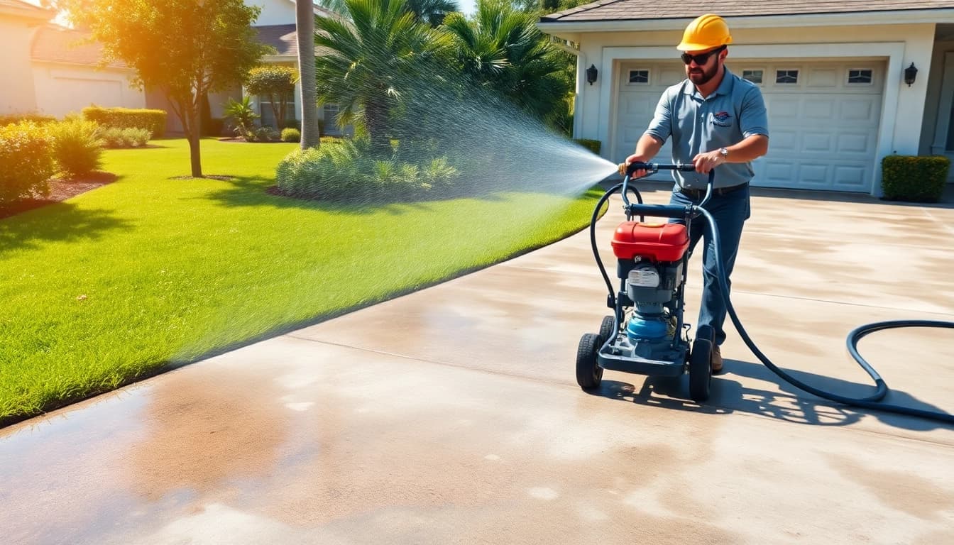 Concrete cleaning in Kissimmee with professionals using pressure washing on a dirty driveway.