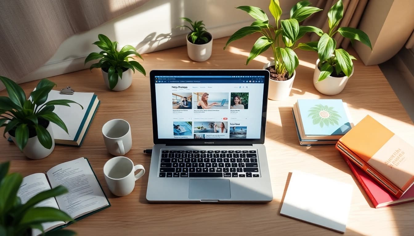 A creative workspace for bloglabs.wiki featuring a modern desk, laptop, books, and plants.