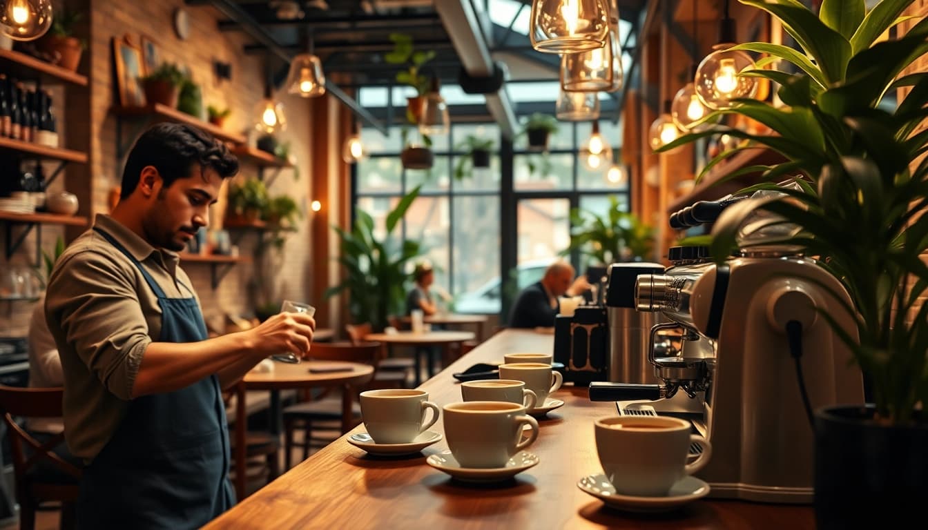 Café animé à Madrid, mettant en évidence la préparation du café et l'ambiance conviviale.