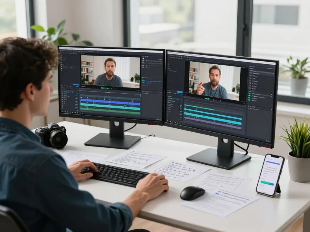 Content creator utilizing video to prompt technology in a modern workspace, generating AI video prompts.