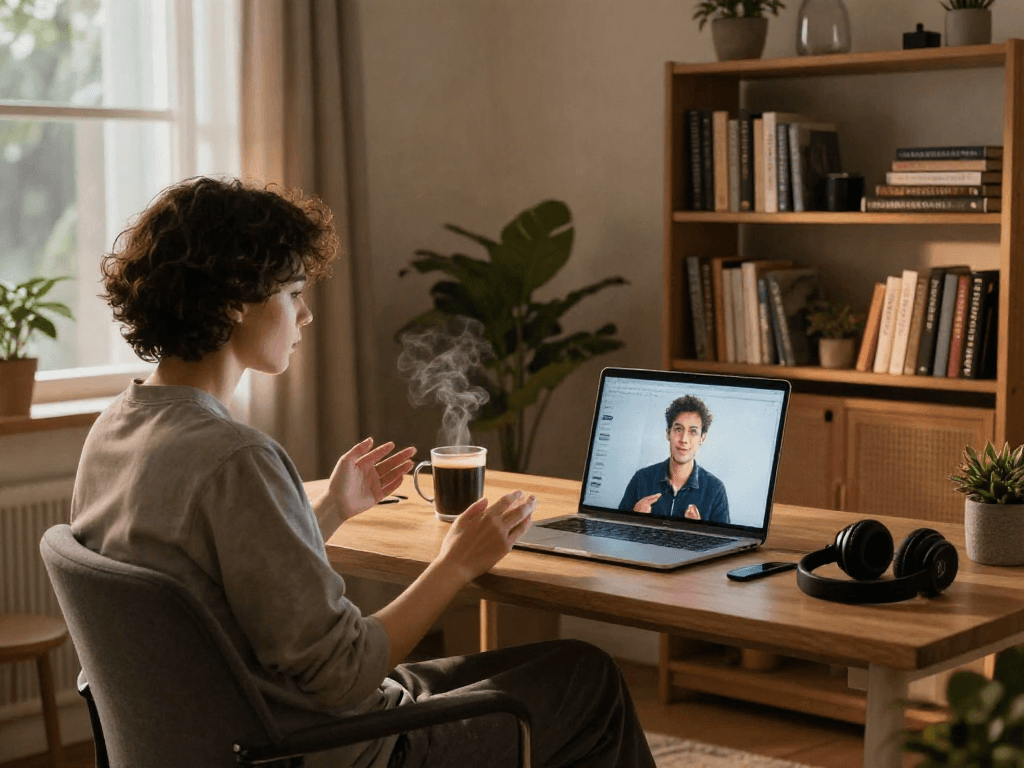 Engaging in a porn AI chat in a cozy home office with warm lighting.