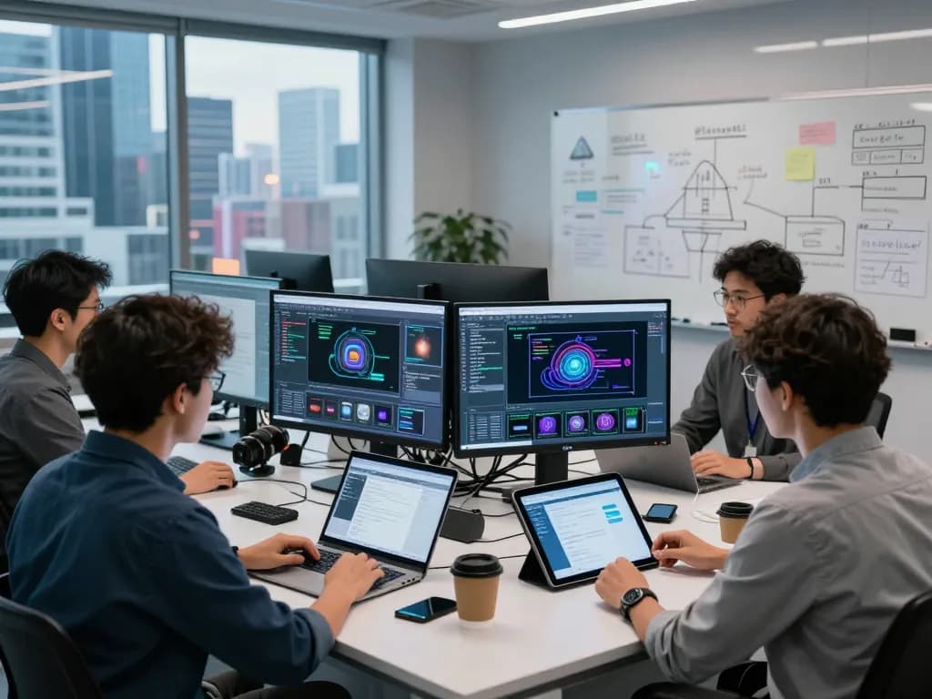 Collaborative team in a high-tech lab analyzing image to prompt algorithms for AI generation.