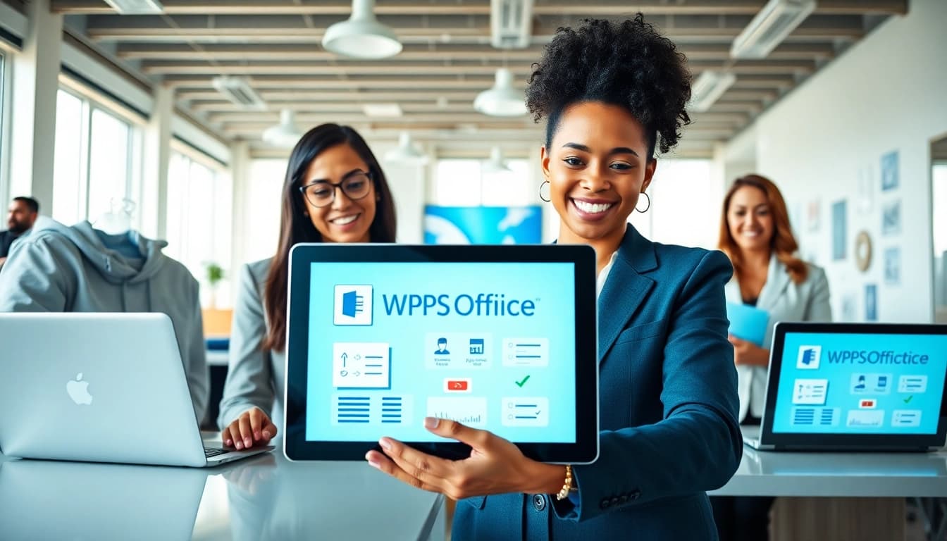 在现代办公室中使用 WPS Office 软件进行协作，汇聚多样化专业人士。