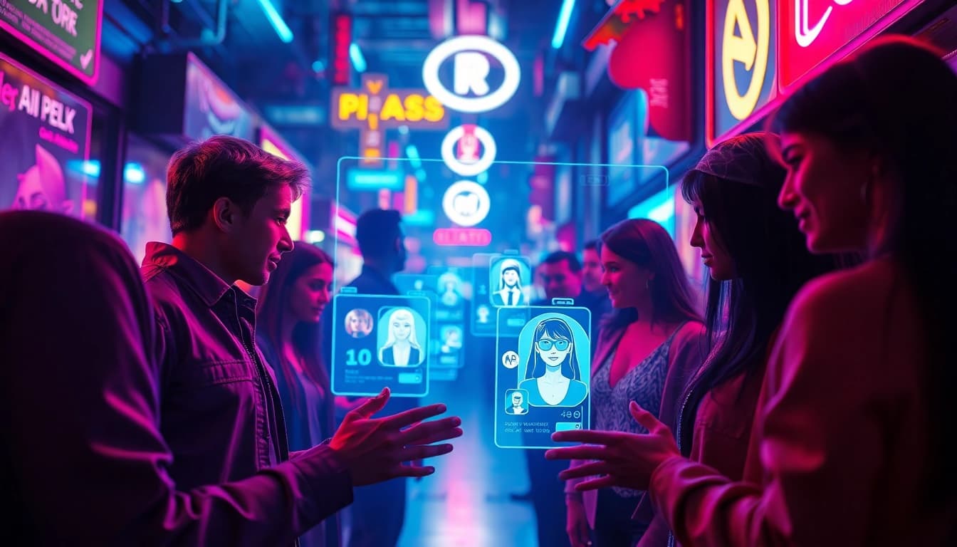 Futuristic spicy AI chatbot interface with diverse characters in neon-lit urban setting.