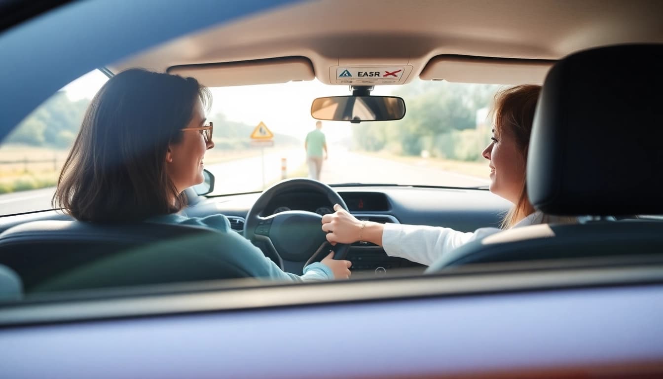 Experience automatic driving lessons Guildford with a friendly instructor and student in a well-lit setting.