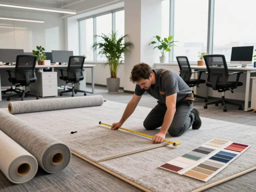 Expert commercial carpet installation in a modern office, showcasing skilled technician at work.