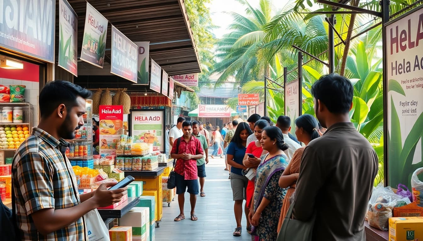 Marketplace scene promoting Hela Add with vibrant interactions and colorful stalls in Sri Lanka.