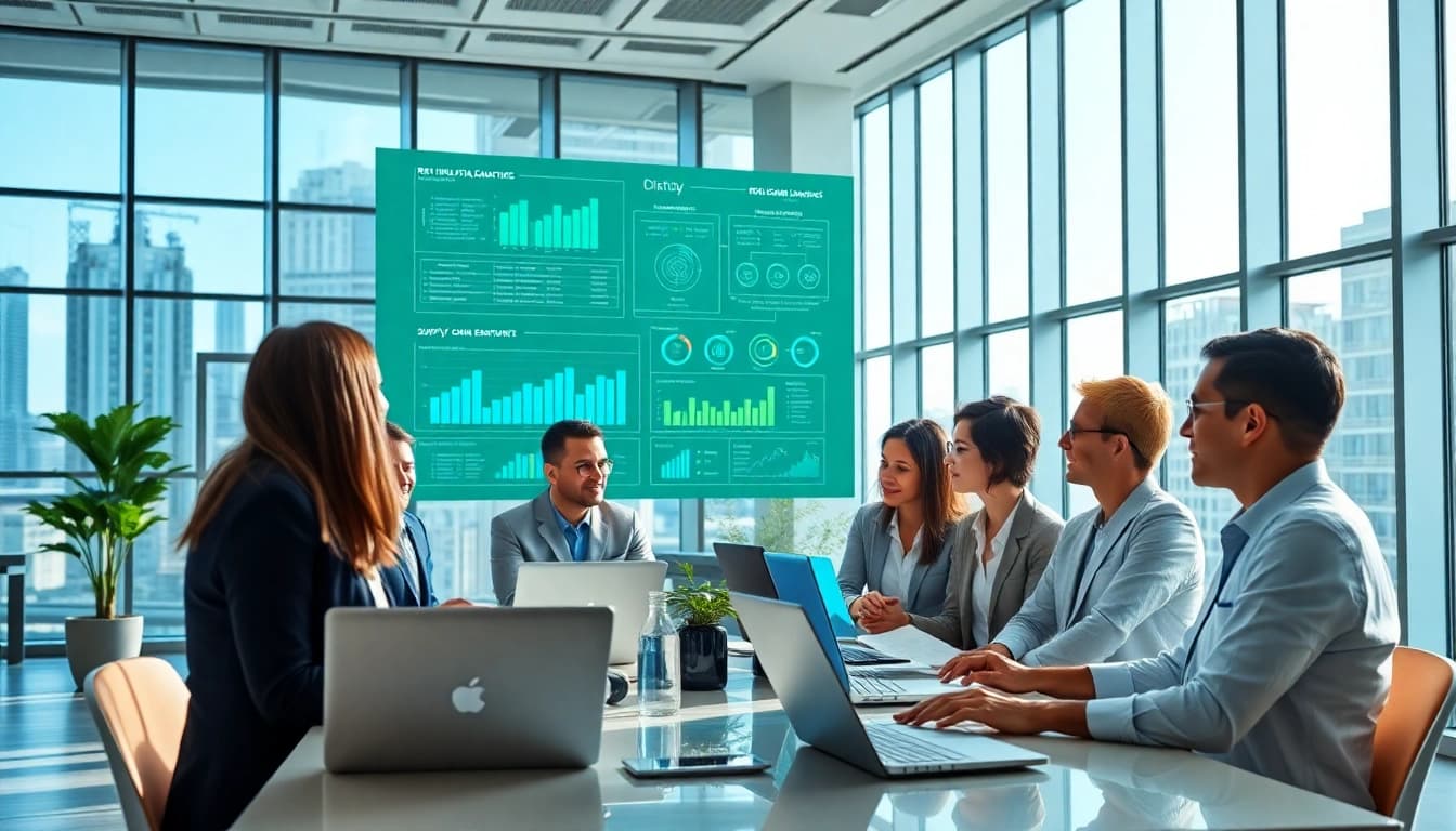 ERP çözümleri showcased in a collaborative business environment with professionals analyzing data on digital interfaces.