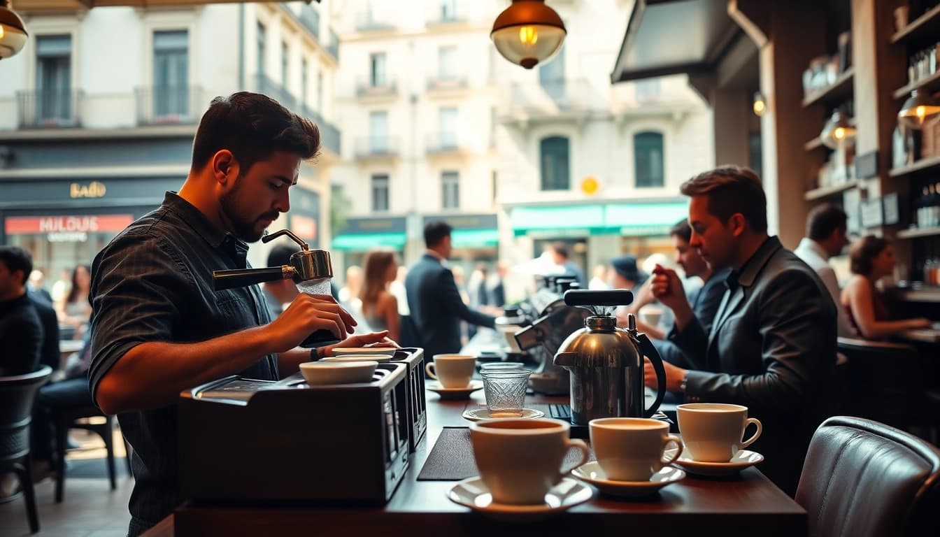 Enjoying coffee at a cozy Coffee shop Madrid with skilled baristas and warm atmosphere.