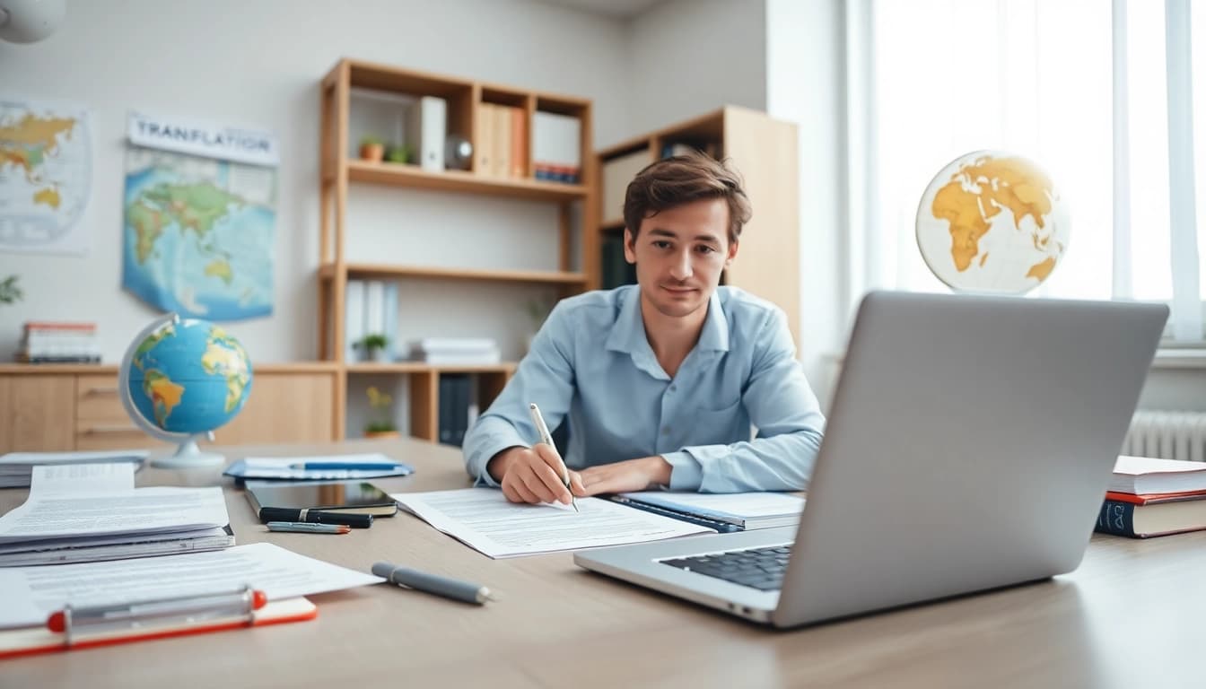 Certified translator working at a modern desk with translation tools and bilingual documents.