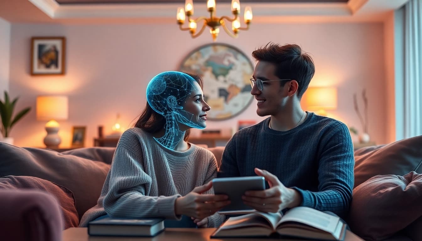 Engaging with a holographic AI companion in a cozy setting illustrating sex ai conversations.