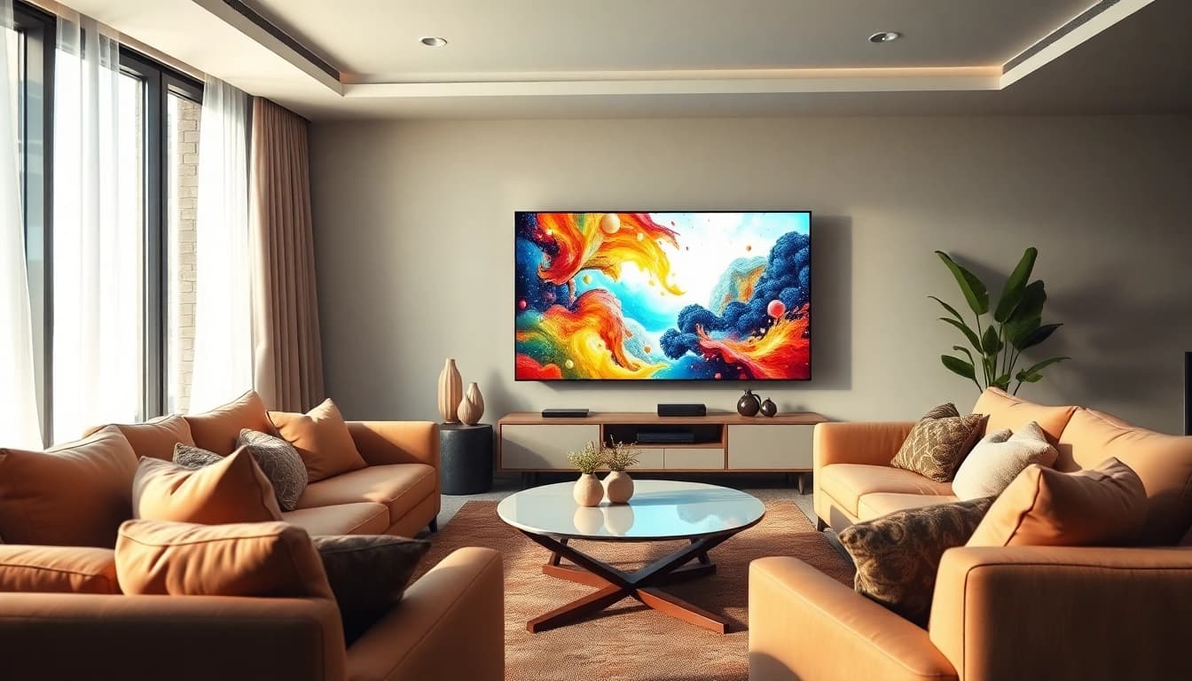 Watch engaging content on iron tv pro in a sleek modern living room setup.