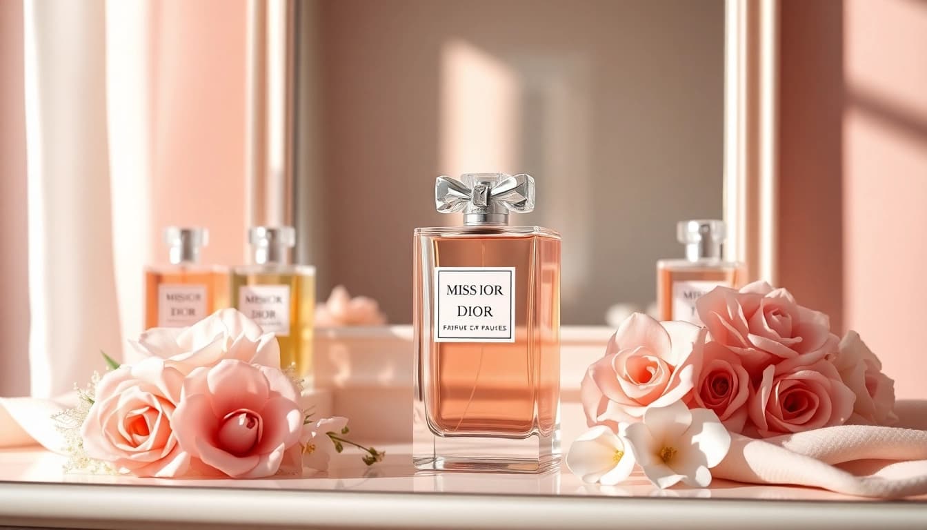 Showcase of Dior perfume dupes highlighting luxury fragrance alternatives, beautifully arranged on a vanity.