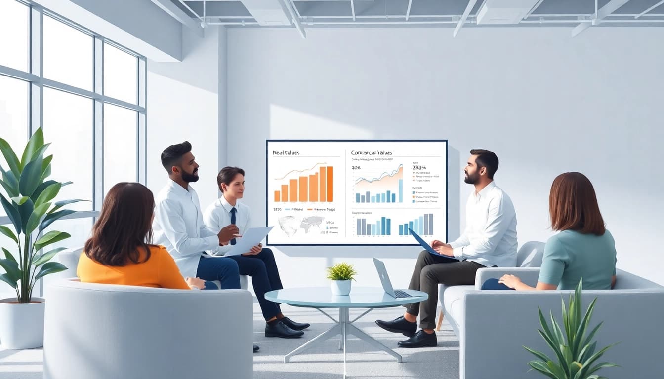 Professionisti del settore che discutono di immobiliare commerciale per VendiamoImprese durante una presentazione in un ufficio moderno.