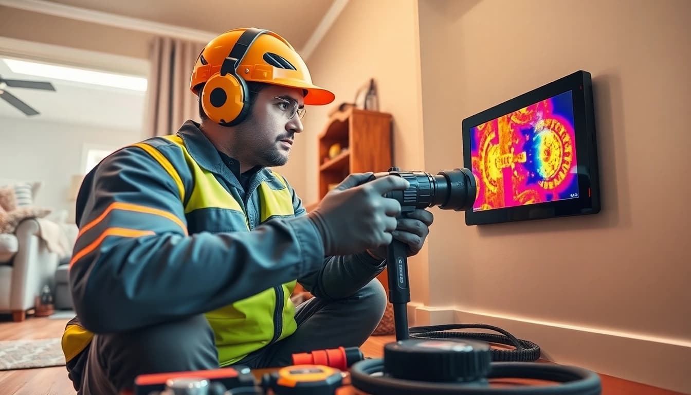 Leak detection technician using thermal imaging to identify hidden leaks in a home.
