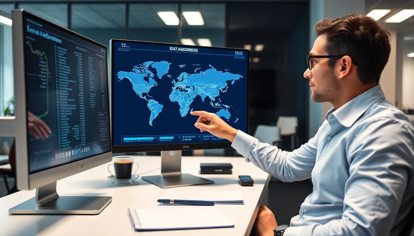 Learn about residential proxy services with a professional data analyst in a high-tech office.