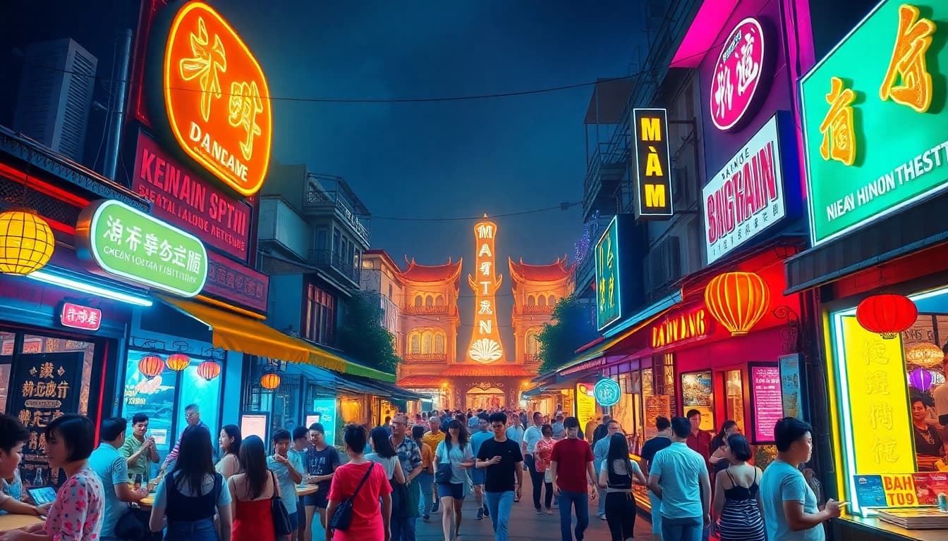 Vibrant 다낭밤문화 scene with lively nightlife, neon lights, and crowds enjoying entertainment.