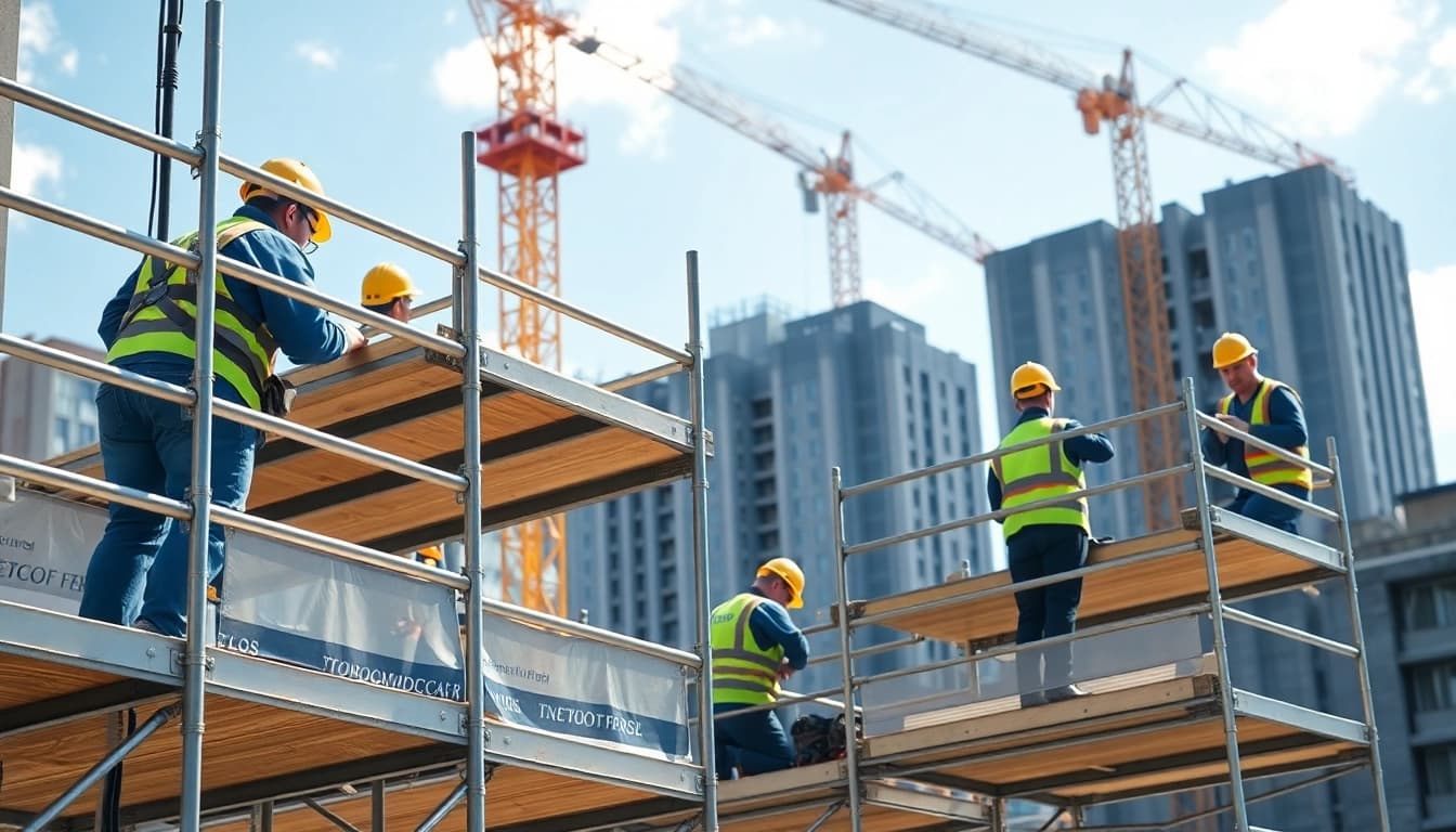 Scaffolders Bolton collaborating effectively on a lively construction site, showcasing teamwork.