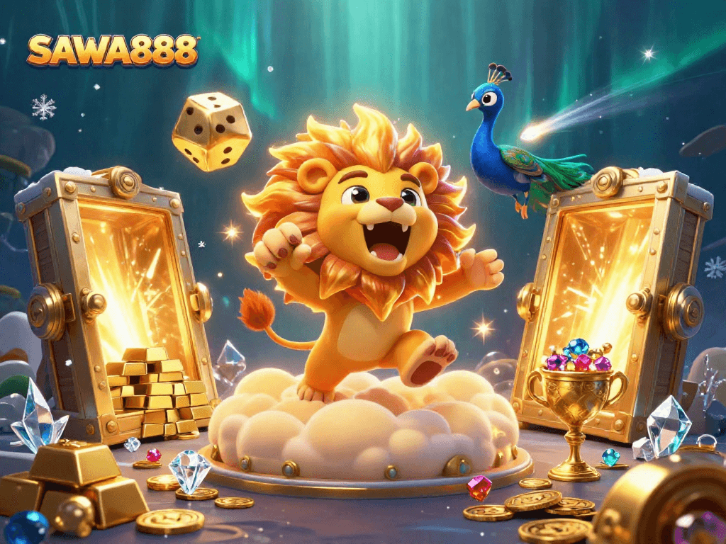 Engage in thrilling gameplay at SAWA888, featuring a vibrant casino scene with dazzling treasures and iconic characters.