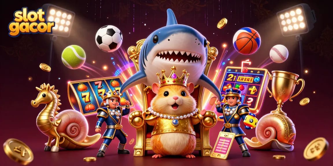 Experience winnings with slot gacor, featuring a vibrant 3D casino scene with dynamic characters and games.
