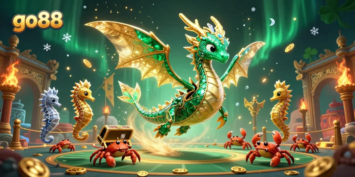 Engage with the excitement of go88, featuring a luxurious sea dragon and dynamic casino elements.