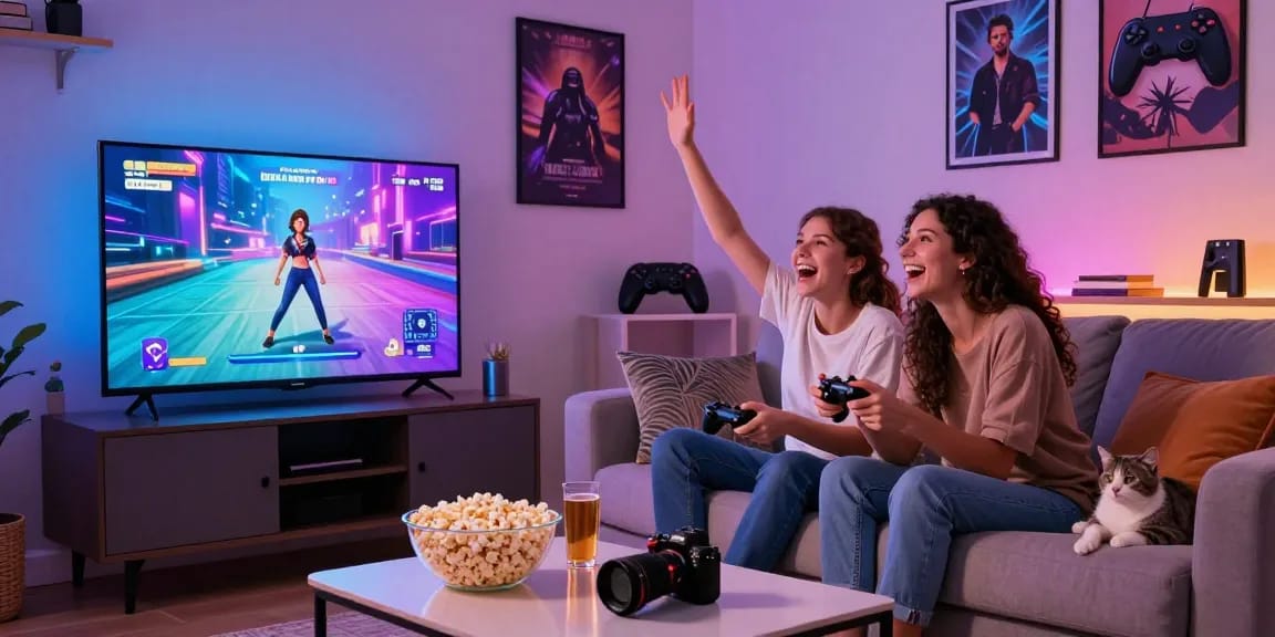 Couple enjoying a real porn game together in a cozy living room.