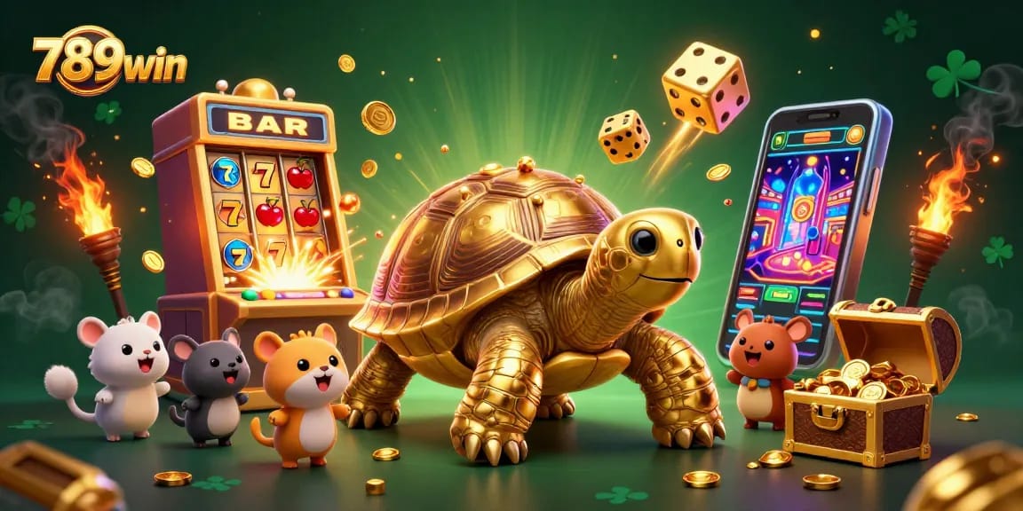 Enjoy thrilling gaming with 789win's golden tortoise slot machine surrounded by exciting casino elements.