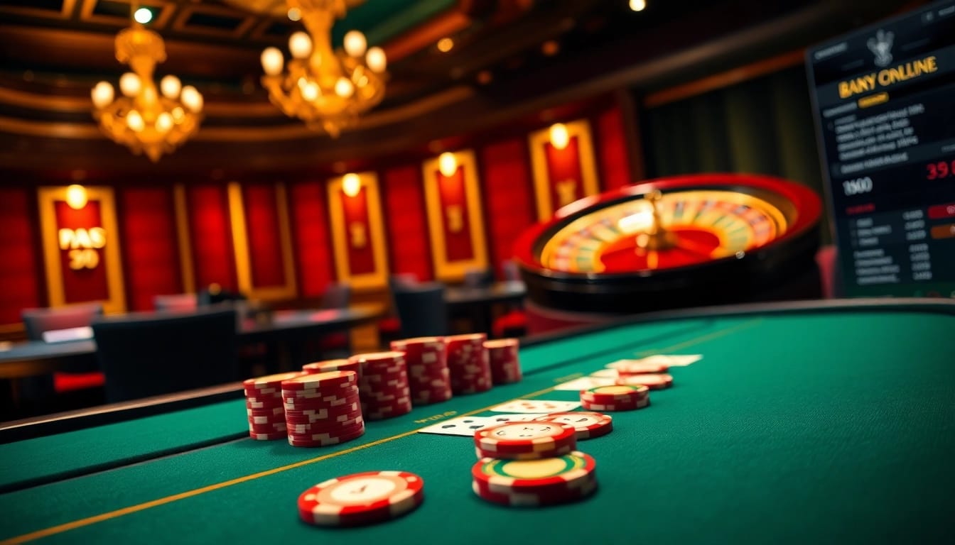 FABET enhances the online gambling experience with a luxurious casino scene featuring poker and roulette.