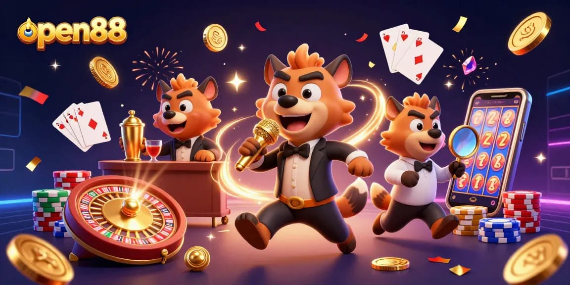 Join the fun at open88 casino with lively hyenas in a dynamic 3D illustration!
