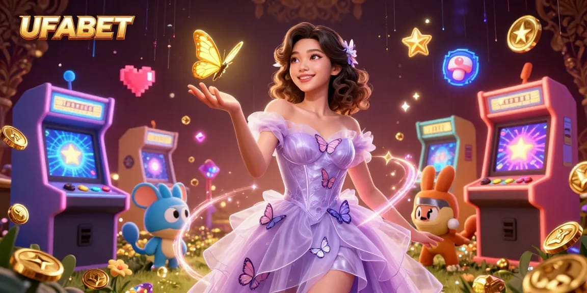 Experience thrilling gaming with UFABET as stunning Asian characters interact among vibrant casino elements.