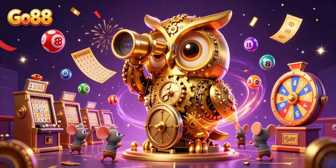 Experience game thrills at Go88 with a clockwork owl overseeing dynamic casino fun.