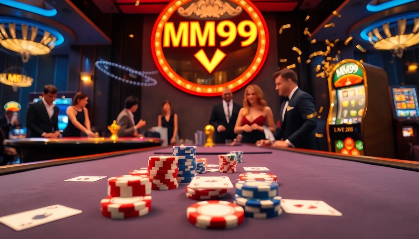 MM99 logo highlighted in a luxurious casino scene with poker chips and cards.