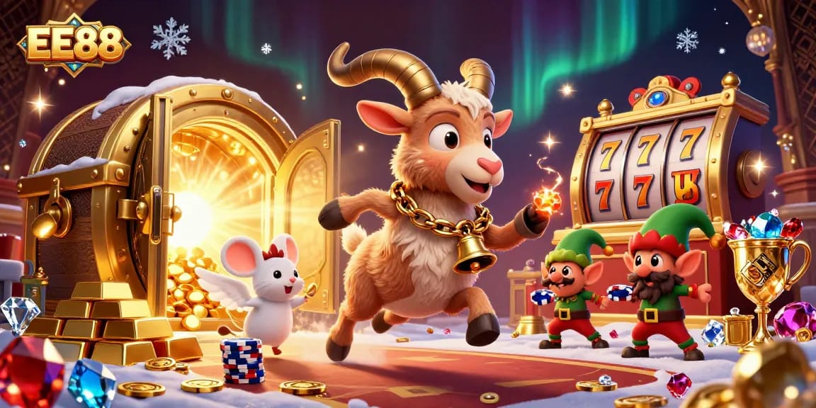 EE88 showcases a festive casino scene with Krampus, angel mouse, and gremlins amid gold treasures.