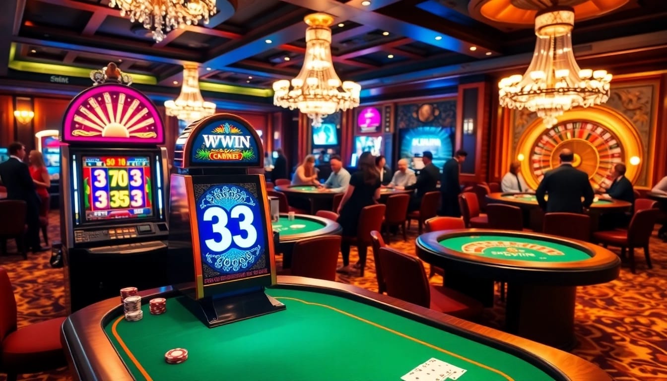 Exciting gaming scene at 33WIN casino with vibrant slot machines and poker tables.