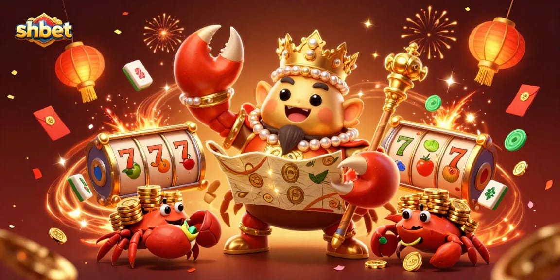 Engage with shbet's vibrant gaming scene featuring a golden crab emperor amidst dynamic slot reels and festive elements.