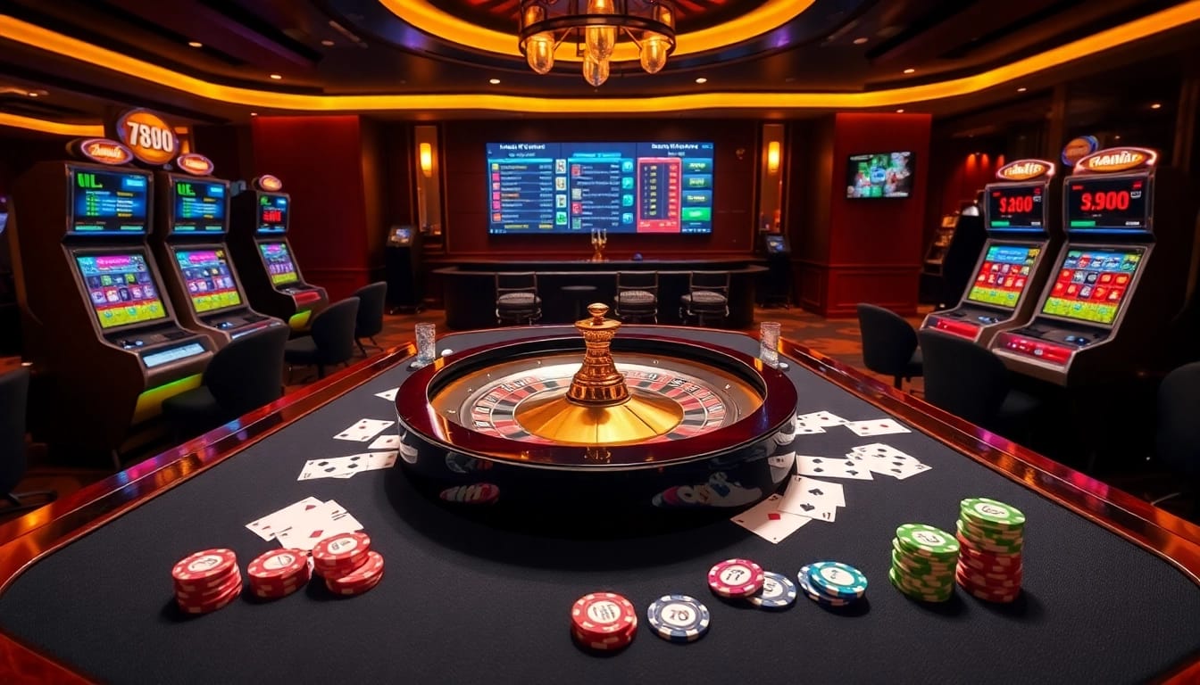 A thrilling casino atmosphere showcasing 789win with vibrant slot machines and an elegant roulette wheel.