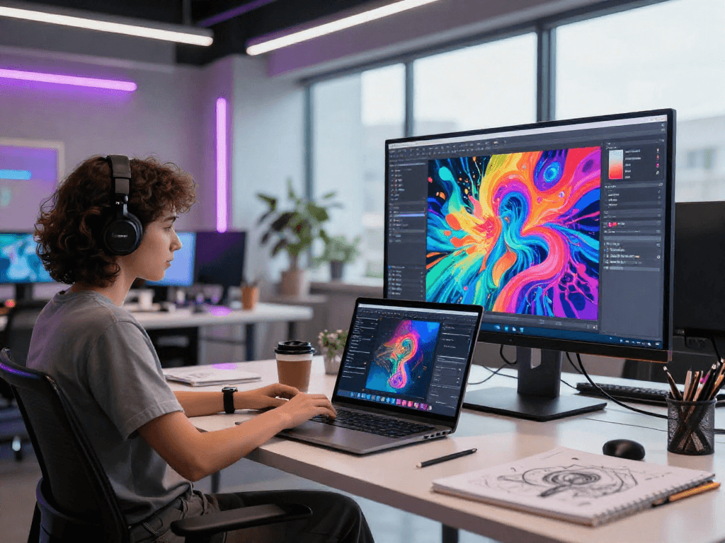 Creative workspace featuring AI-driven content creation and digital art exploration in a vibrant atmosphere, showcasing ai nsfw concepts.