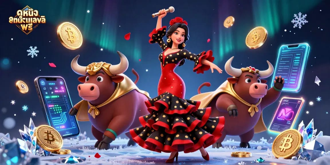Engage with ดูหนังออนไลน์ฟรี while winning big with the vibrant casino scene featuring a dancing woman and a bull.