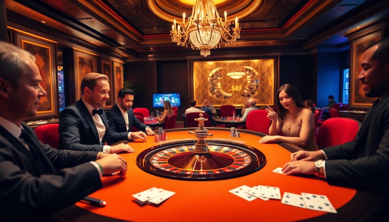 Exciting casino scene with players at the roulette table showcasing 888b gambling experience.