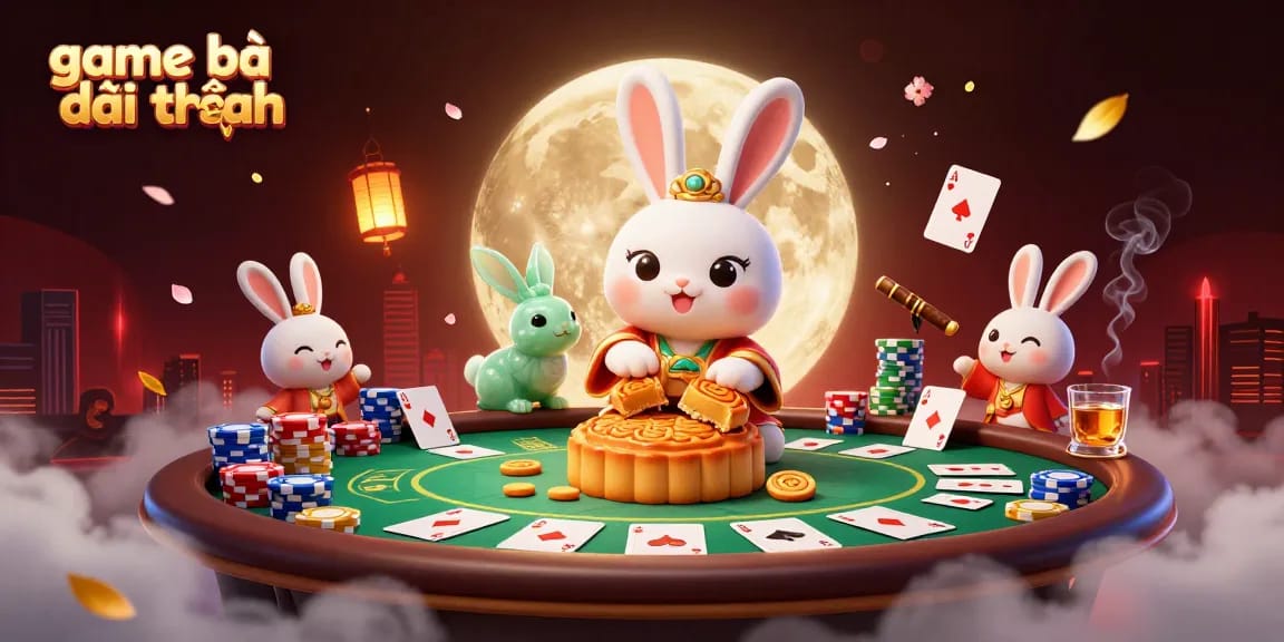 Engage in the thrilling world of game bài đổi thưởng with a vibrant 3D illustration showcasing our playful moon rabbit, poker elements, and immersive details.