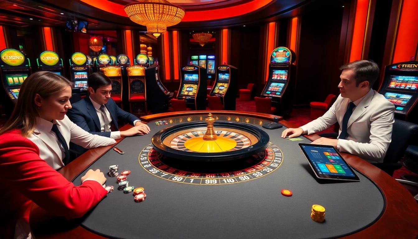 Players enjoying an exciting game at 888NEW's luxurious casino table, with vibrant slot machines in the background.