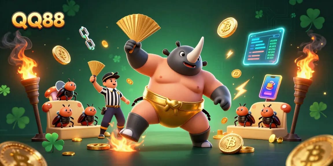 Engage with QQ88's thrilling gameplay as a rhinoceros beetle champion sends golden coins flying in an exciting casino scene.
