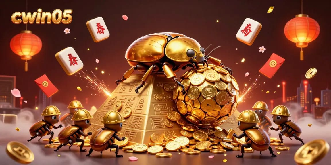 Experience the excitement of cwin05 with golden beetles and rich casino elements in a vibrant 3D illustration.
