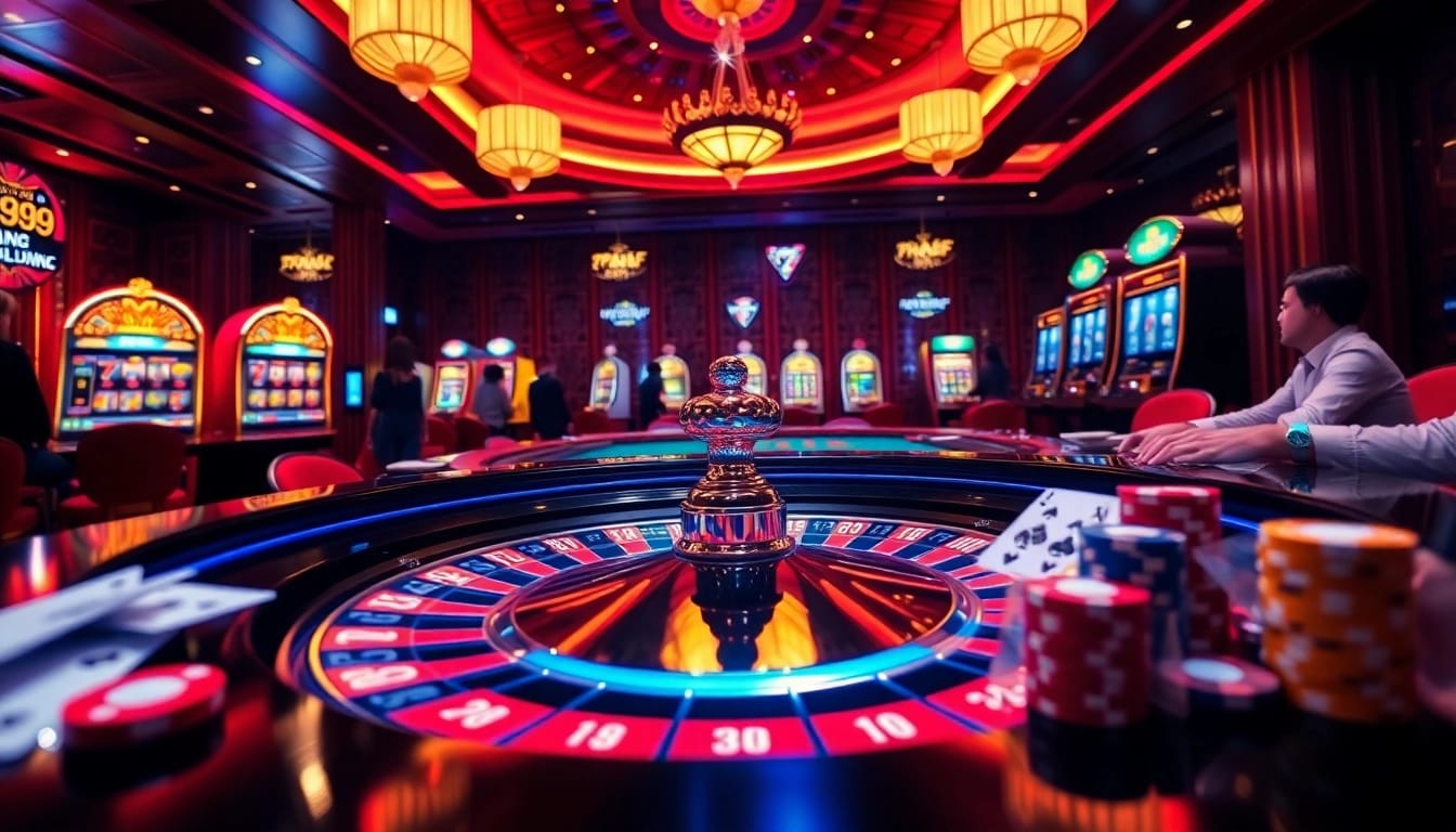 Exciting 789F casino scene with roulette table, poker chips, and players enjoying games.