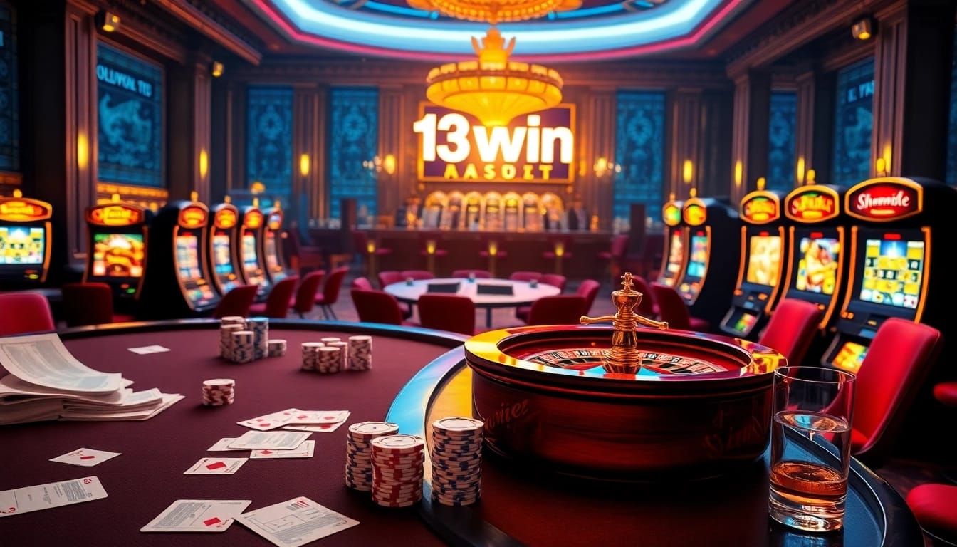 Engage in thrilling gameplay at 13win with vibrant casino visuals showcasing poker tables and slot machines.