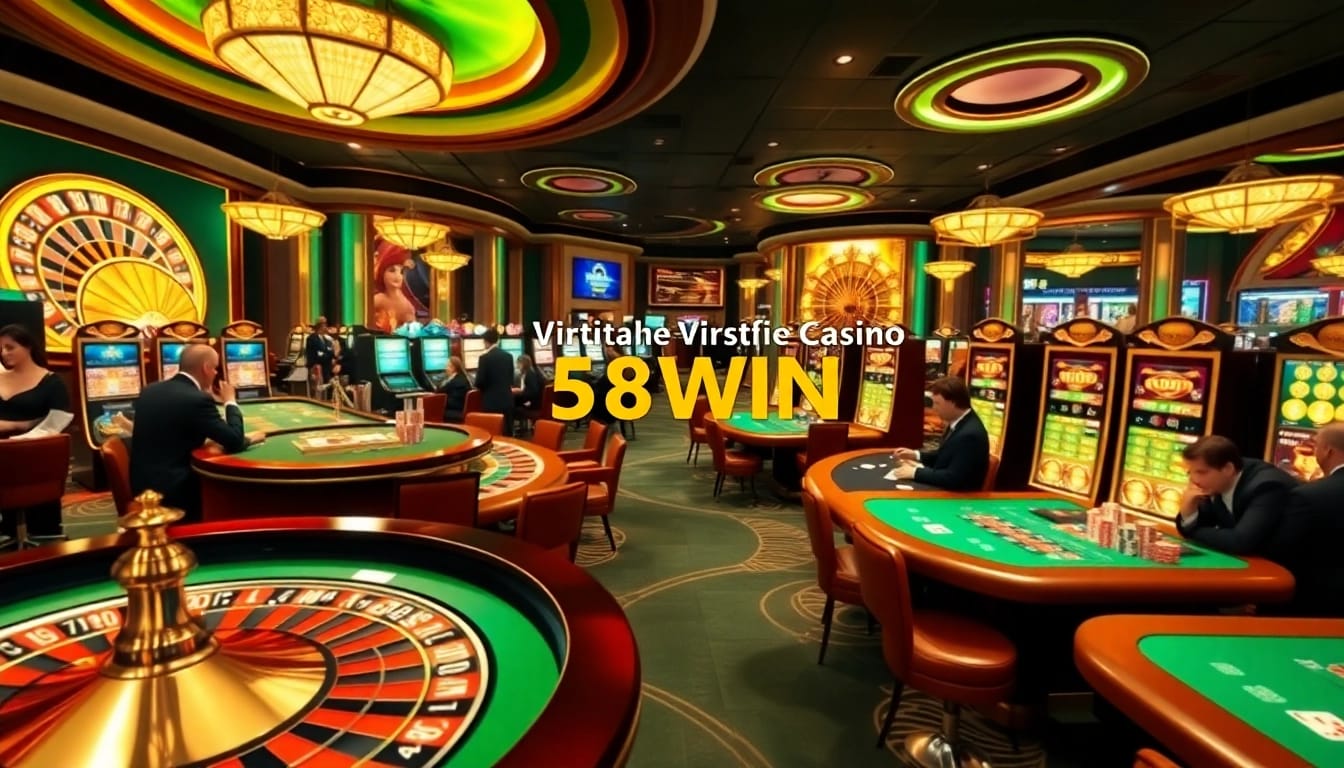 Experience the excitement of link vào 58WIN with a vibrant virtual casino scene featuring roulette and poker.