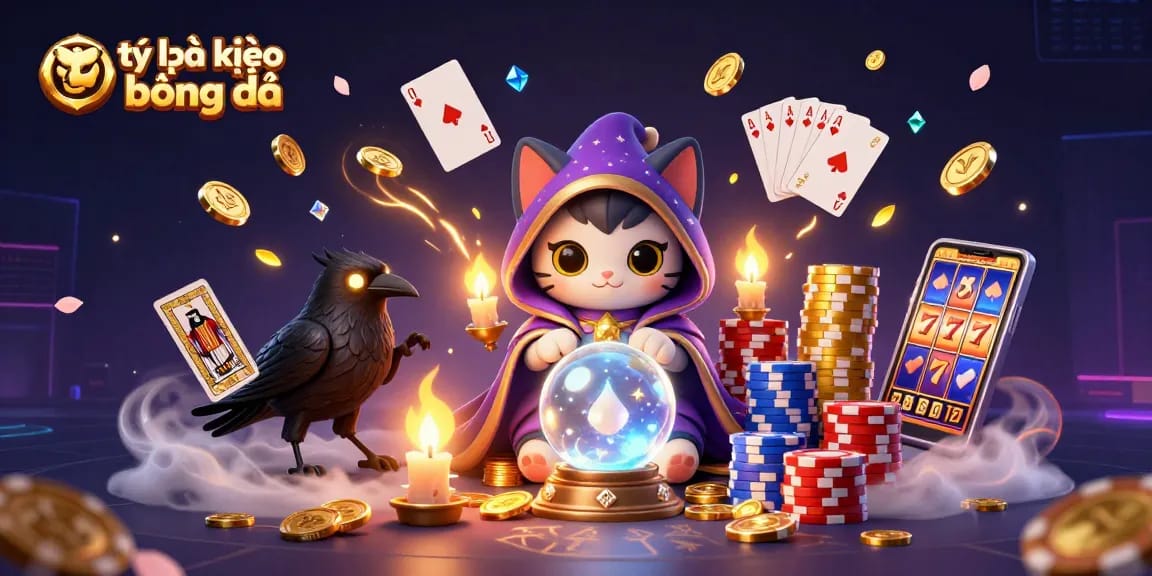 Engaging interaction with tỷ lệ kèo bóng đá featuring a fortune teller cat and mystical elements.